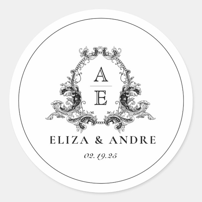 Black and White Monogram Crest Wedding  Classic Round Sticker (Front)