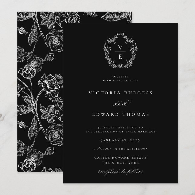 Black and White Monogram Crest Wedding Invitation (Front/Back)