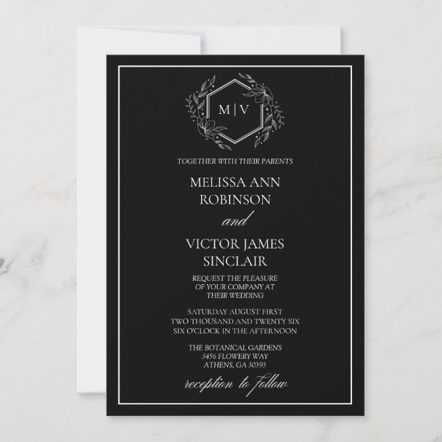 Black and White Monogram Crest Wedding Invitation (Front)