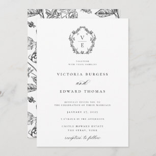 Black and White Monogram Crest Wedding Invitation