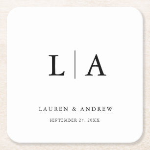 Black and White Monogram Elegant Simple Wedding Square Paper Coaster