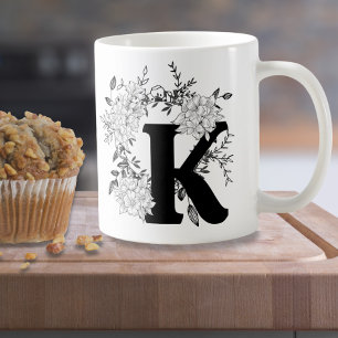 Black and White Monogram Floral  Coffee Mug