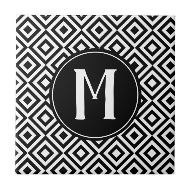 Black and White Monogram Geometric Diamond Pattern Ceramic Tile (Front)