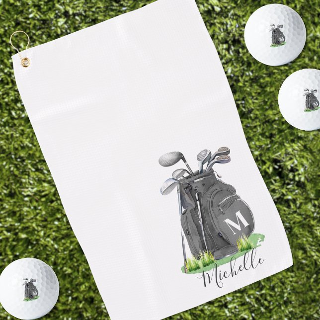 Black And White Monogram Golf Towel (Black Initial Name Monogram Golf Towel )