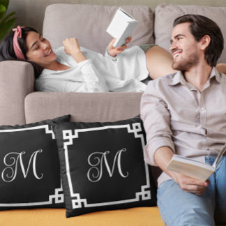 Black and White Monogram Greek Key Border Cushion