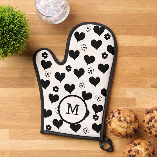 Black and white monogram hearts flowers pattern oven mitt (Top down)