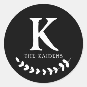 Black and White Monogram Initial Family Last Name Classic Round Sticker