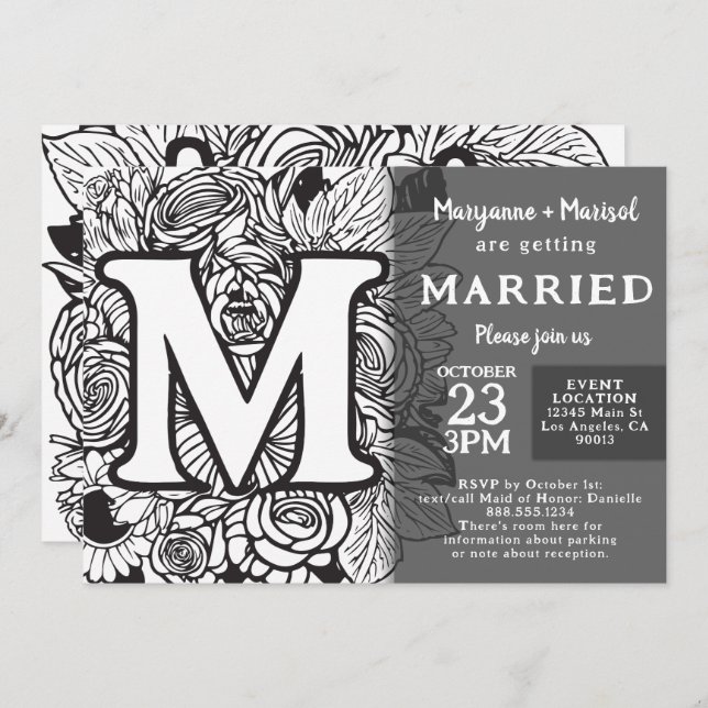 Black and White Monogram M Tattoo Flowers Wedding Invitation (Front/Back)