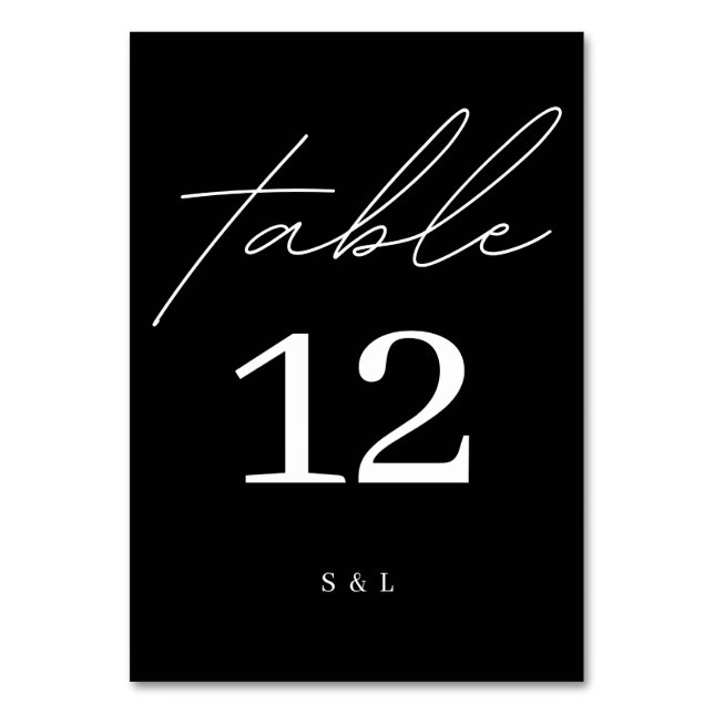 Black and White Monogram Minimal Modern Wedding Table Number (Front)