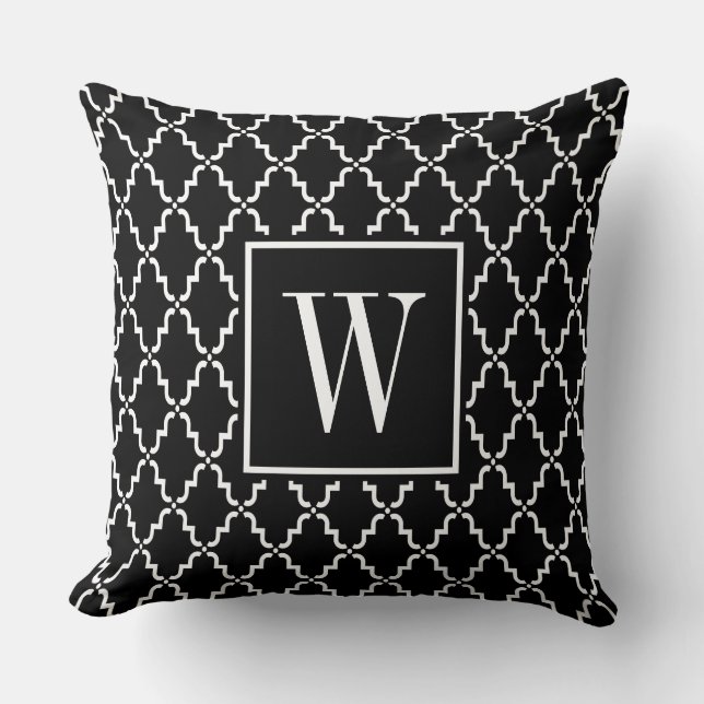 Black and White Monogram Moroccan Quatrefoil Cushion (Front)