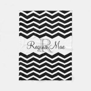 Black and White Monogram Name Keepsake Chevron Fleece Blanket