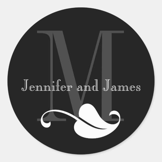 Black and White Monogram Names Wedding Stickers (Front)