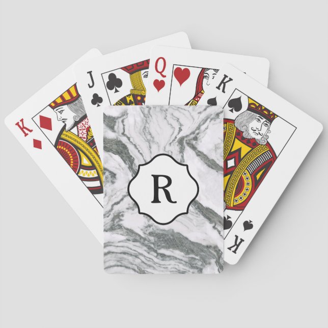 Black and White Monogram on Dramatic Grey Marble Playing Cards (Back)