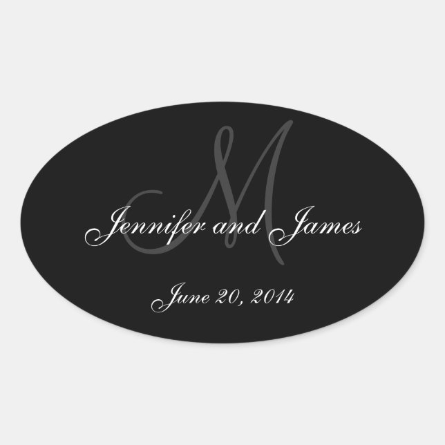 Black and White Monogram Oval Wedding Labels (Front)