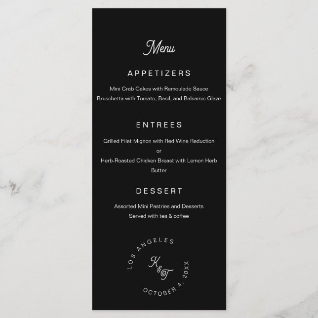 Black and white monogram Personalise Wedding  Menu (Front)