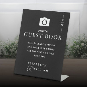 Black And White Monogram Photo Guest Book Wedding Pedestal Sign