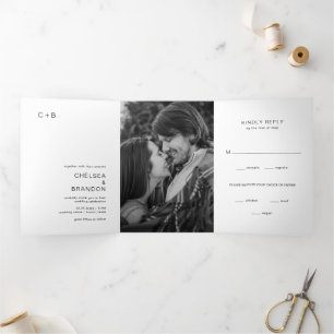 Black and White Monogram Photo Modern Wedding Tri-Fold Invitation