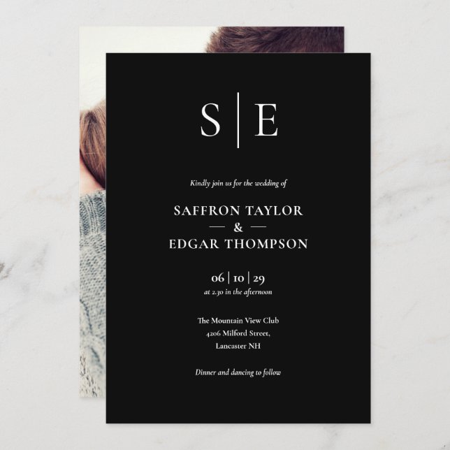 Black And White Monogram Photo Wedding Invitation (Front/Back)