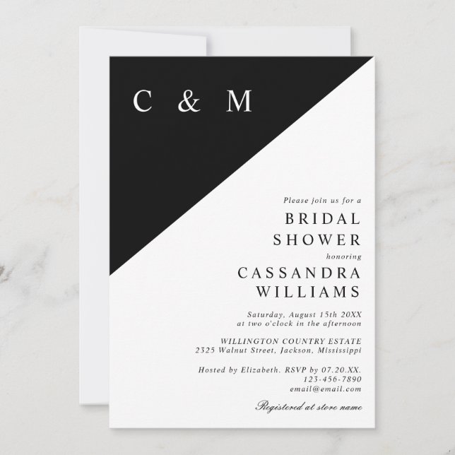 Black And White Monogram QR Code Bridal Shower Invitation (Front)