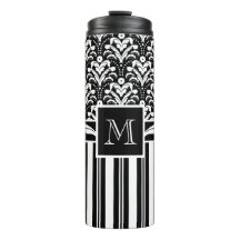 Black and White Monogram Retro Floral Damask