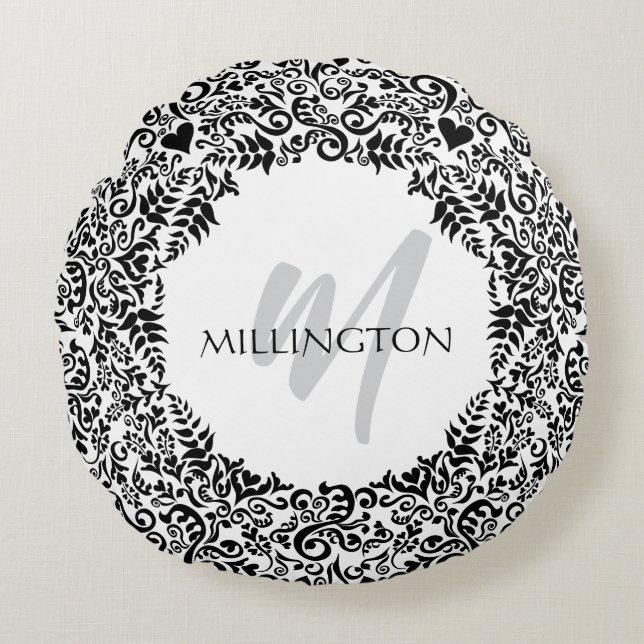 Black and White Monogram Round Cushion (Front)