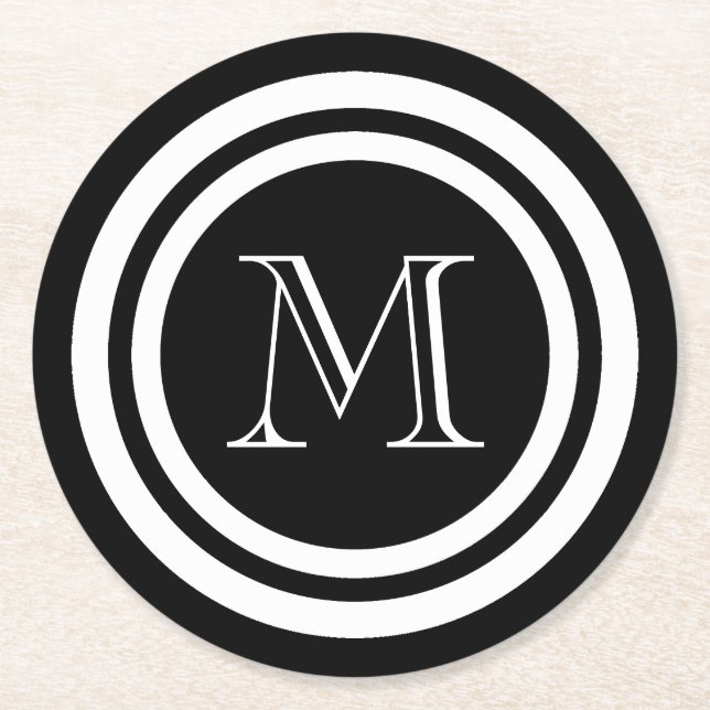 Black and White Monogram Round Paper Coaster (Front)