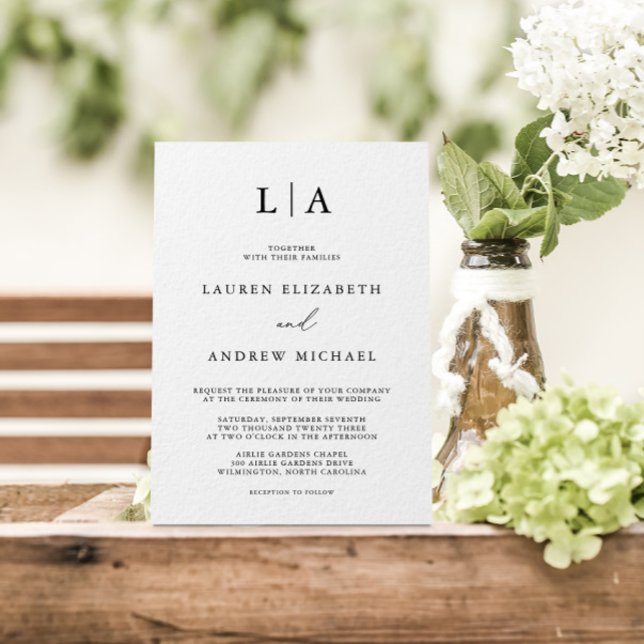 Black and White Monogram Simple Minimalist Wedding Invitation (Creator Uploaded)