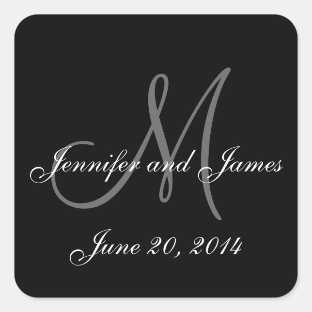 Black and White Monogram Square Wedding Labels (Front)