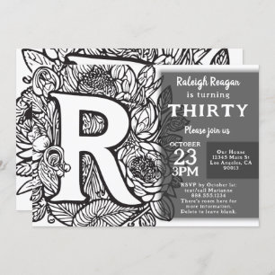 Black and White Monogram Tattoo Flowers Birthday  Invitation