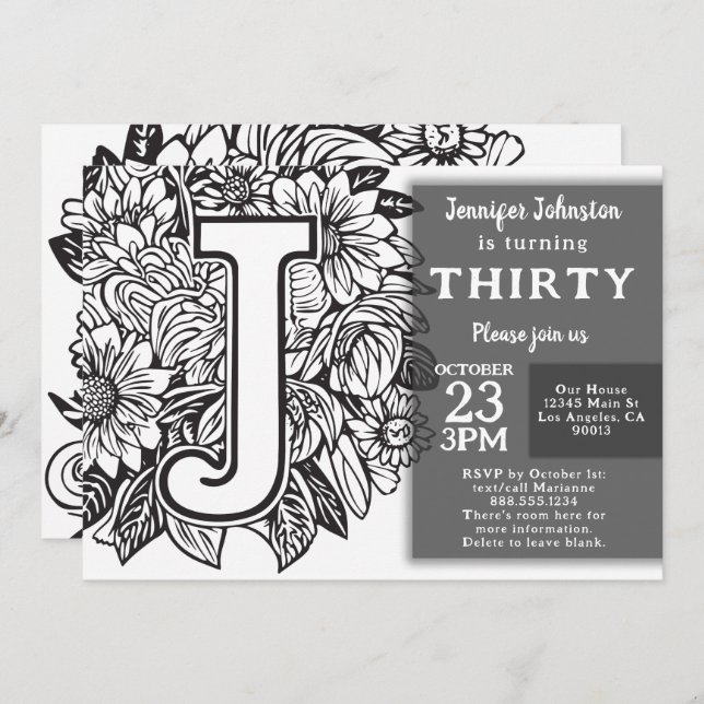Black and White Monogram Tattoo Flowers Birthday  Invitation (Front/Back)