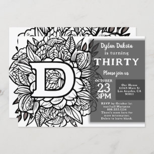 Black and White Monogram Tattoo Flowers Birthday  Invitation
