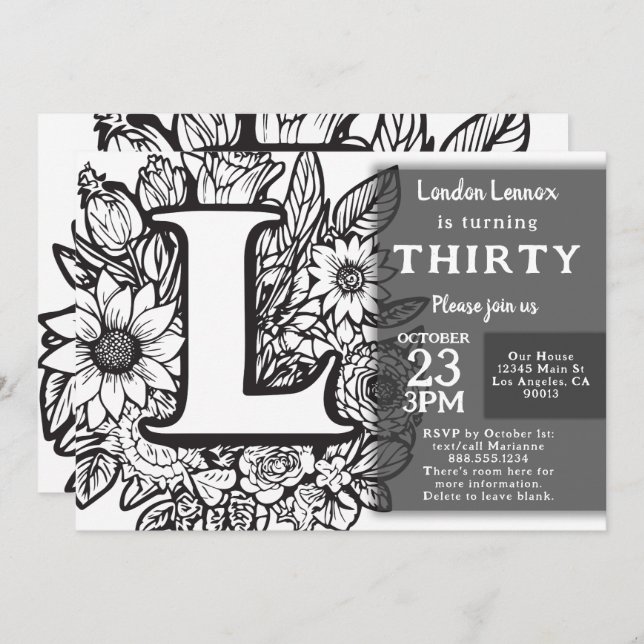 Black and White Monogram Tattoo Flowers Birthday  Invitation (Front/Back)