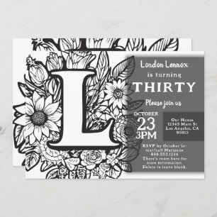 Black and White Monogram Tattoo Flowers Birthday  Invitation