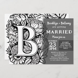 Black and White Monogram Tattoo Flowers Wedding Invitation