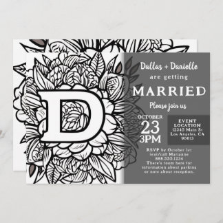 Black and White Monogram Tattoo Flowers Wedding Invitation