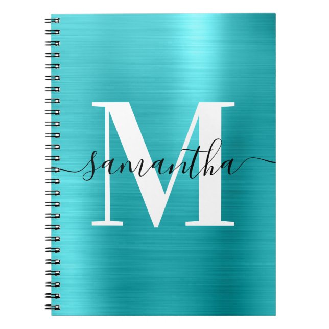 Black and White Monogram Turquoise Blue Foil  Notebook (Front)