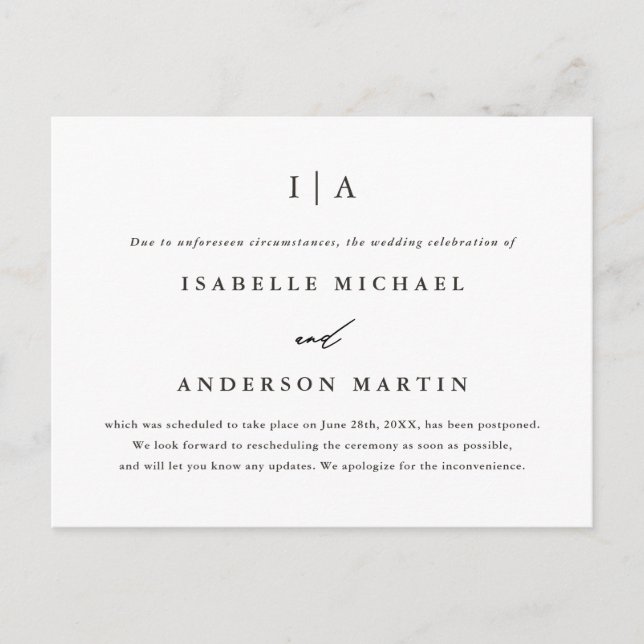 Black and White Monogram Wedding Postponement Announcement Postcard (Front)