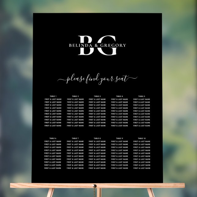 Black and White Monogram Wedding Seating Chart (Neutral)