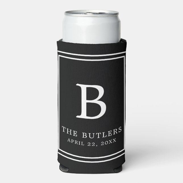 Black and White Monogram Wedding Tall Can Cooler (Seltzer Front)