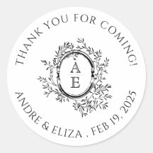 Black and White Monogram Wedding Thank You Sticker