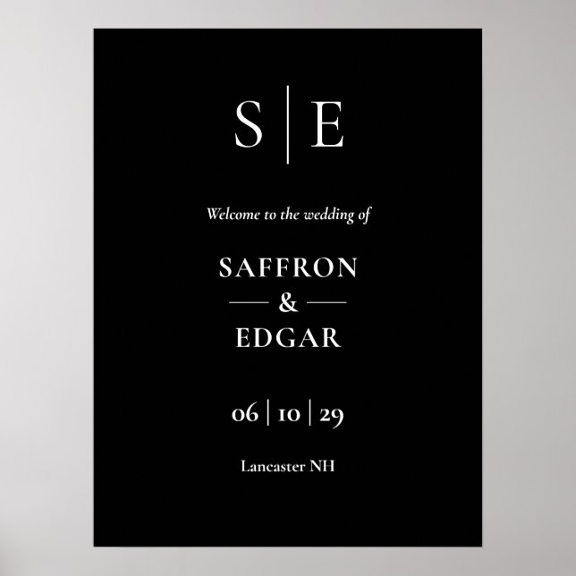 Black And White Monogram Wedding Welcome Sign (Front)