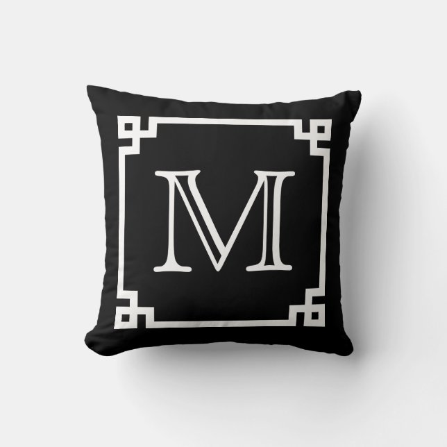 Black And White Monogram White Greek Key Cushion (Front)