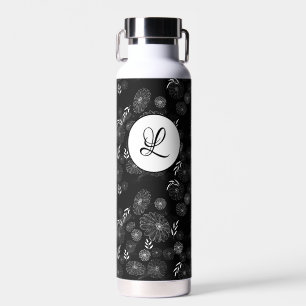 Black and White Monogram Wild Flower Doodles Water Bottle
