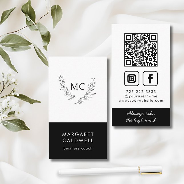 Black and White Monogram Wreath Business Card (Black and white monogram wreath social media QR code vertical business card)