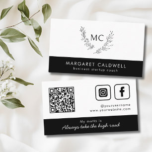 Black and White Monogram Wreath Business Card