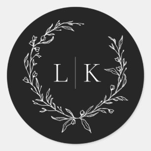 Black and White Monogram Wreath Wedding Classic Round Sticker