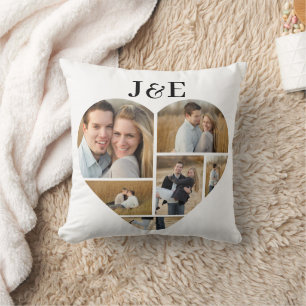 Black and White Monogramed Heart Photo Collage Cushion