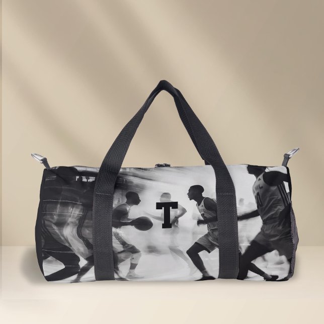 Black and white Monogrammed Basketball Duffle Bag (Personalized Monogram, Black and white Sport, basketball Duffel Bag.)