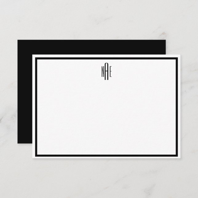 Black and White Monogrammed Flat Note Card (Front/Back)