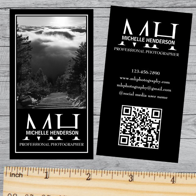 Black and White Monogrammed Logo 1 Photo Qr Code B Business Card (Creator Uploaded)